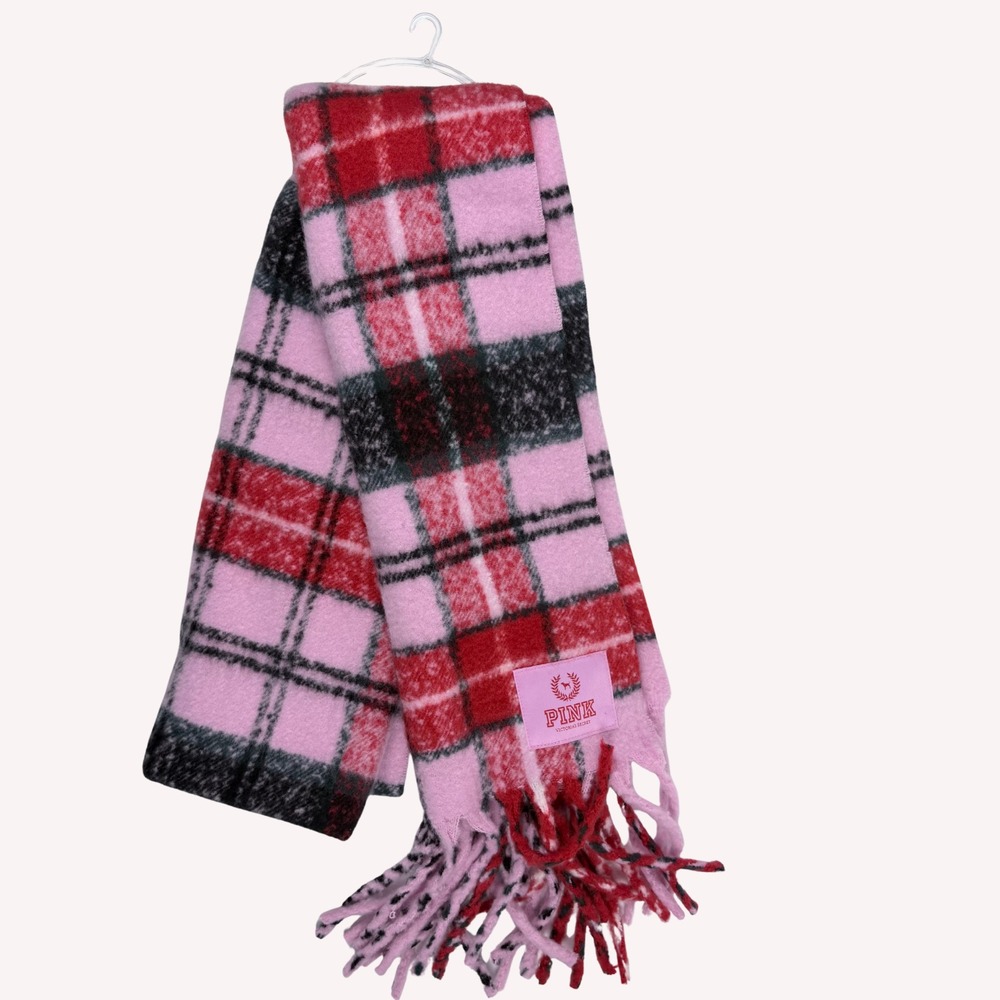 Victoria's Secret PINK Cozy Blanket Scarf Pink Red Plaid Fringe Winter Wrap NWT